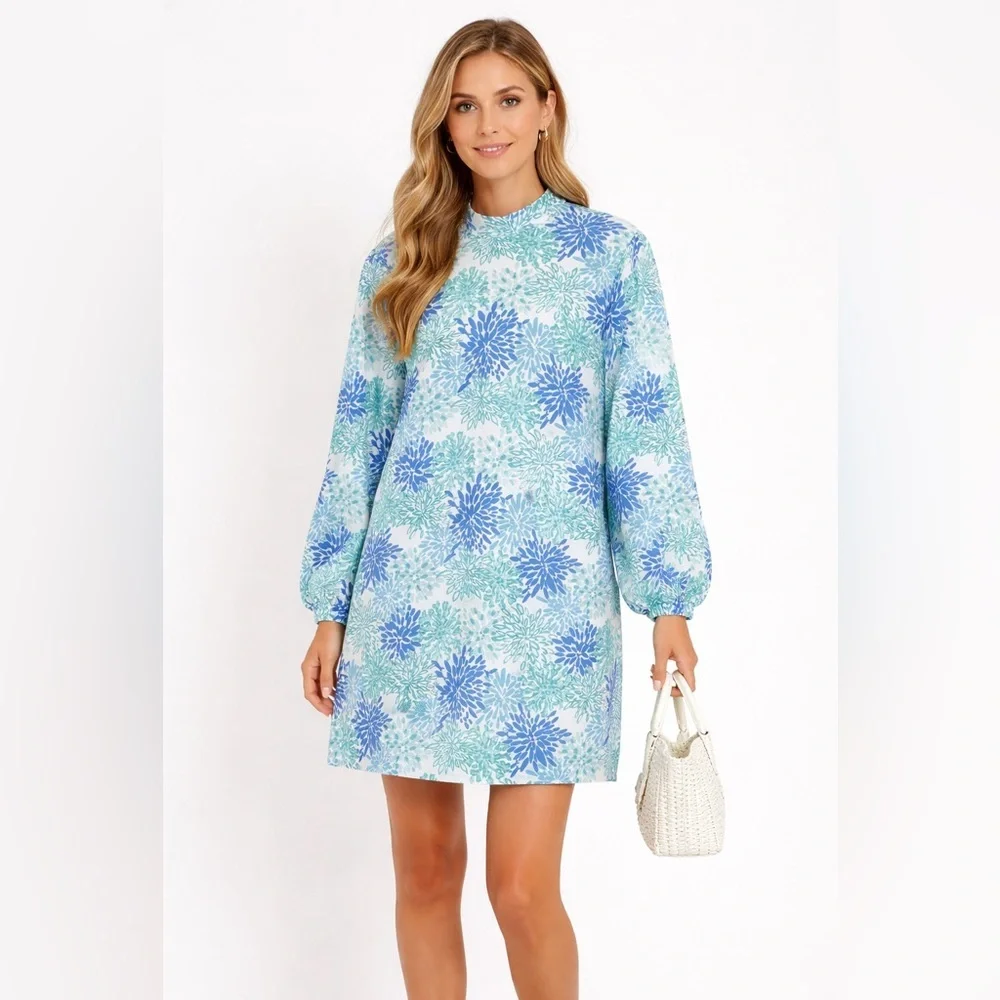 Sail to Sable Blue Green Floral Shift Dress Long Sleeve Size Large resortwear - Picture 9 of 9